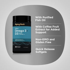 Piping Rock Ultra Omega 3 + D3 capsules close-up