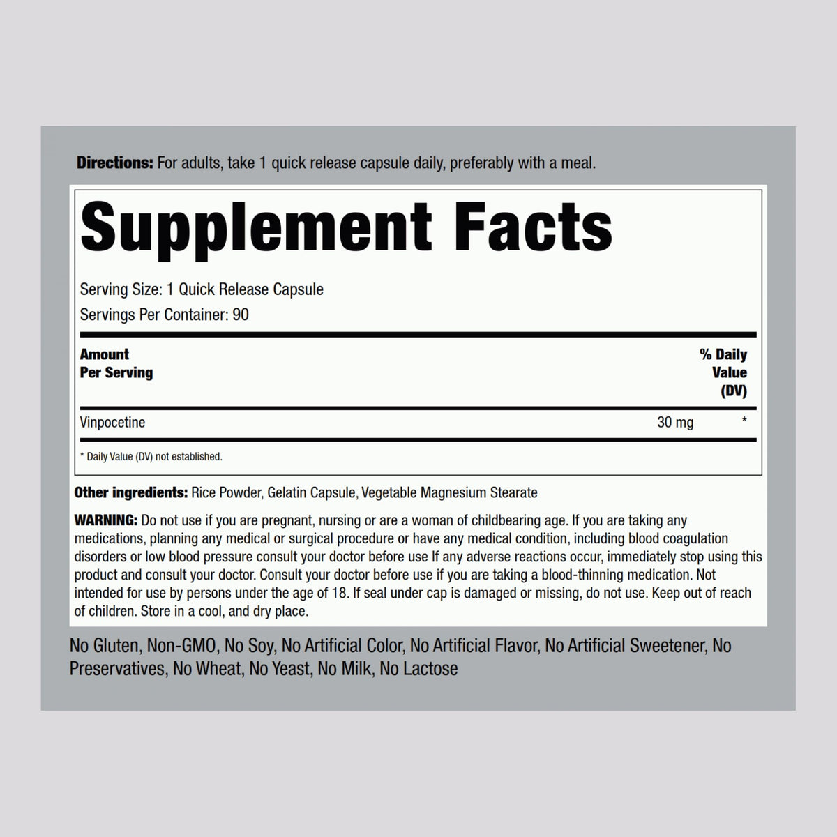 Piping Rock Vinpocétine 30mg 90 capsules avec emballage