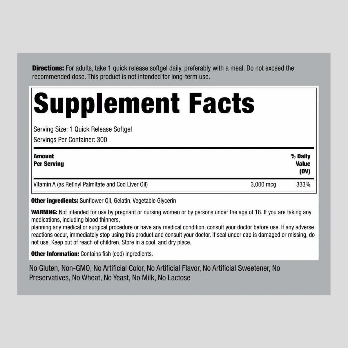 Piping Rock Vitamine A 10000 UI gélules, vue latérale