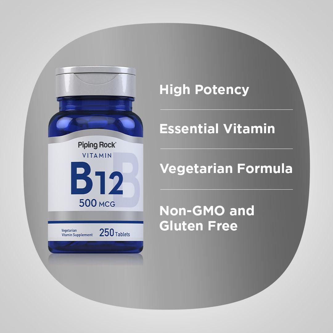 Piping Rock Vitamine B12 500 mcg comprimés à côté d'un verre d'eau