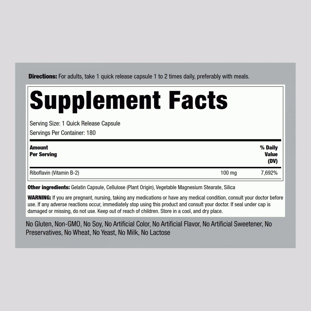 Piping Rock Vitamine B2 100mg gélules packaging