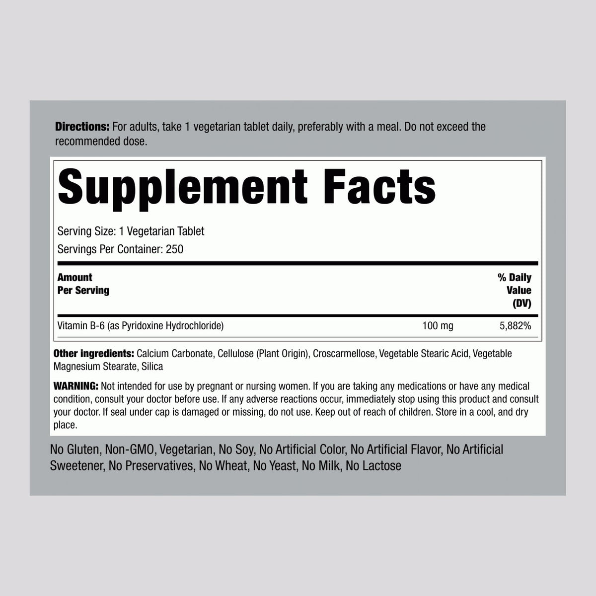 Piping Rock Vitamine B6 100mg comprimés emballage