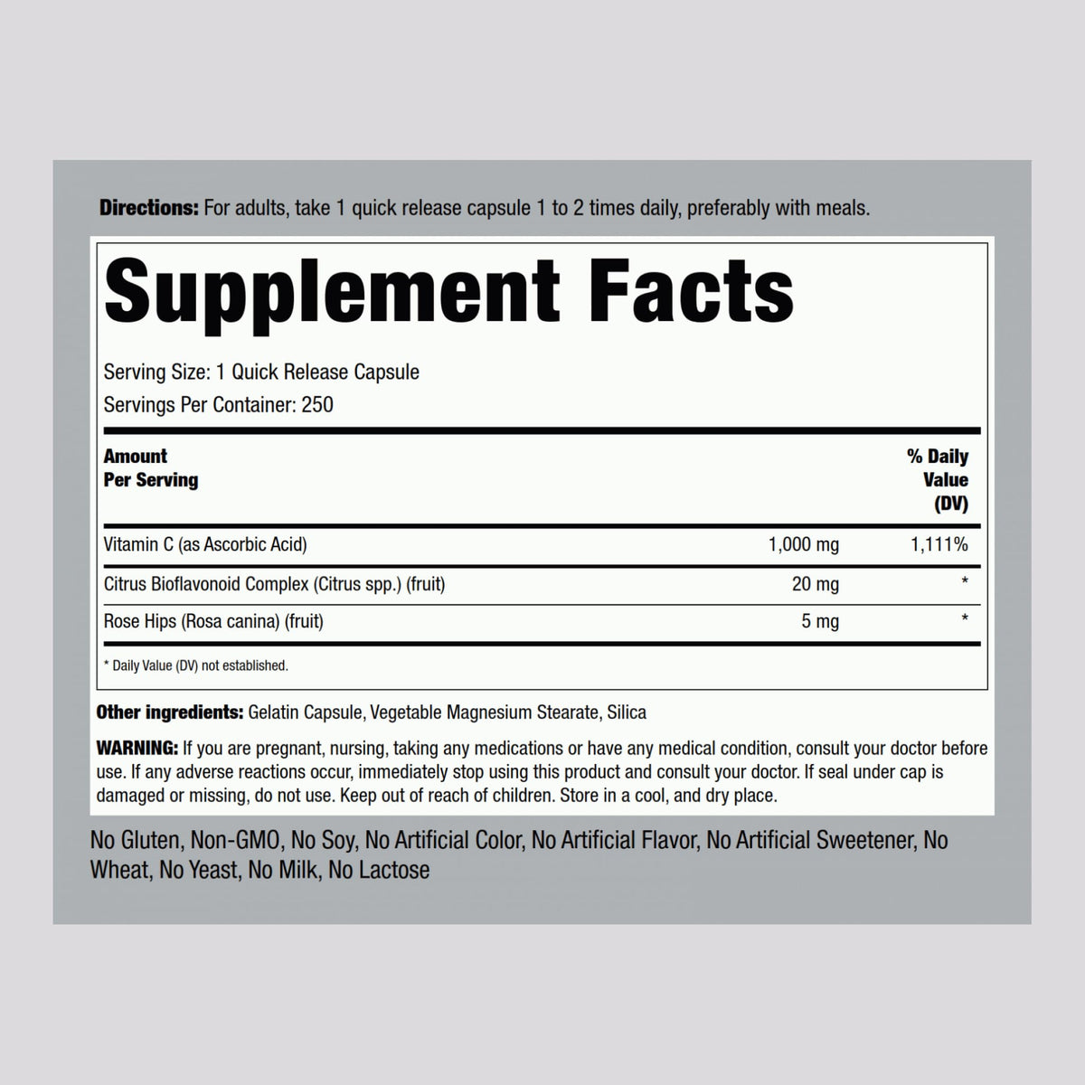 Piping Rock Vitamine C 1000mg 250 Capsules côté