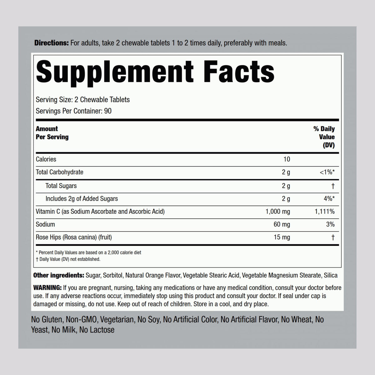 Piping Rock Vitamine C 1000mg comprimés à mâcher, vue arrière