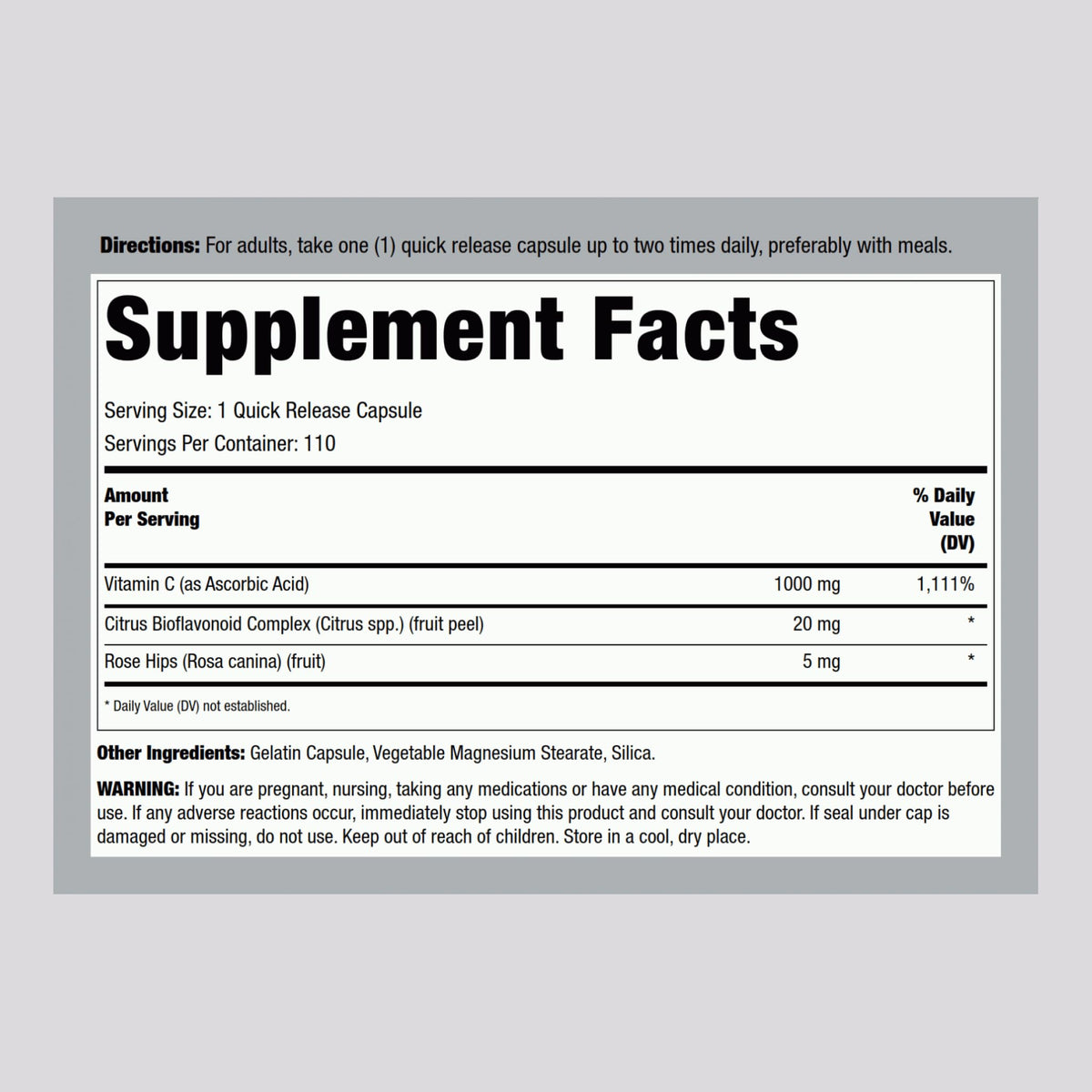Piping Rock Vitamine C 1000mg côté avec étiquettes