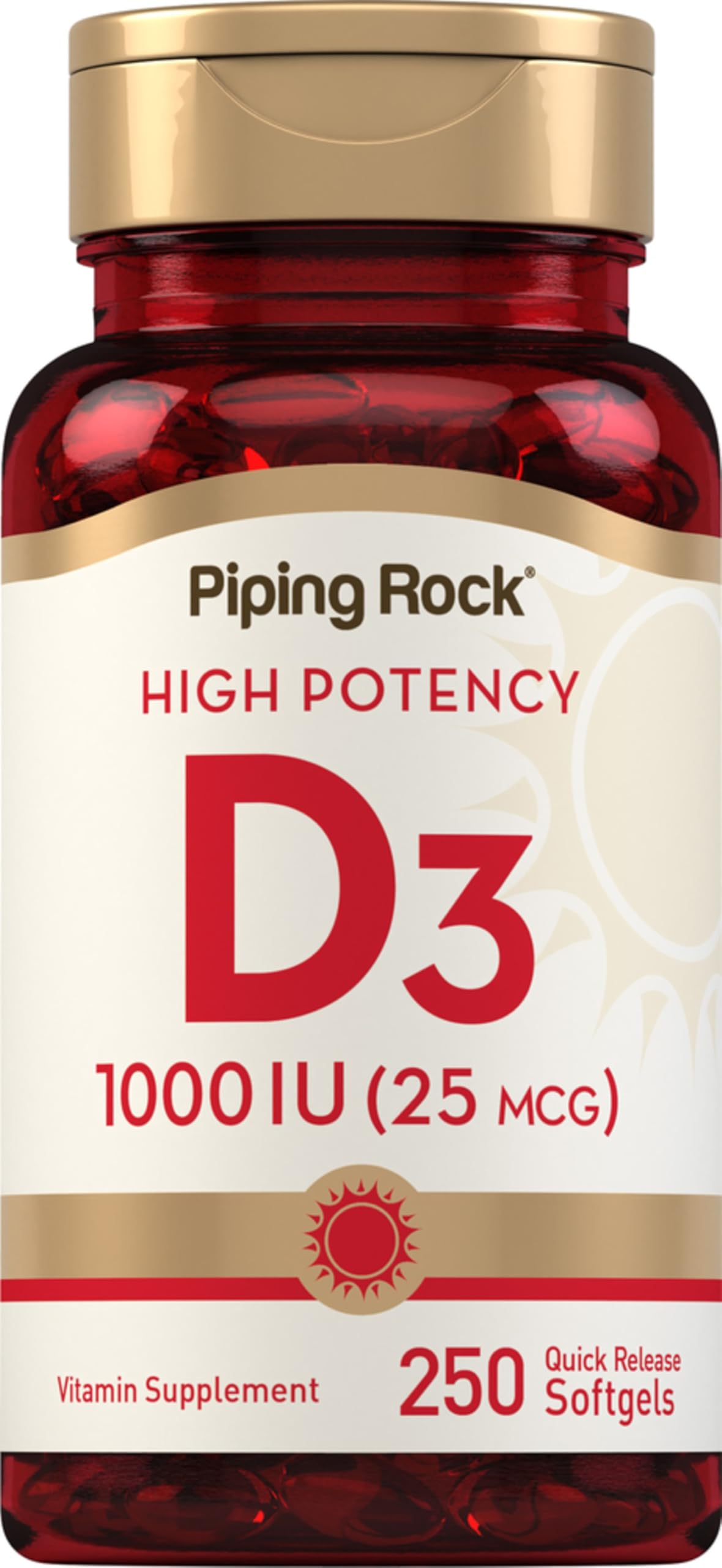 Piping Rock Vitamine D3 1000 IU gélules molles vue de face
