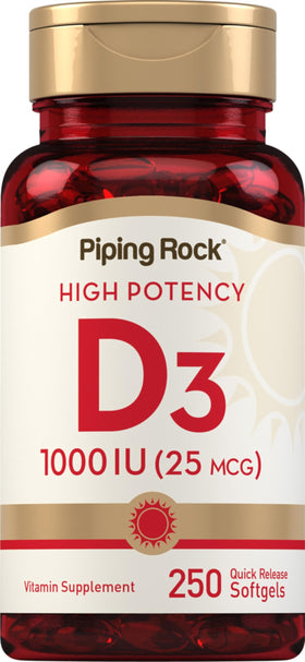 Piping Rock Vitamine D3 1000 IU gélules molles vue de face