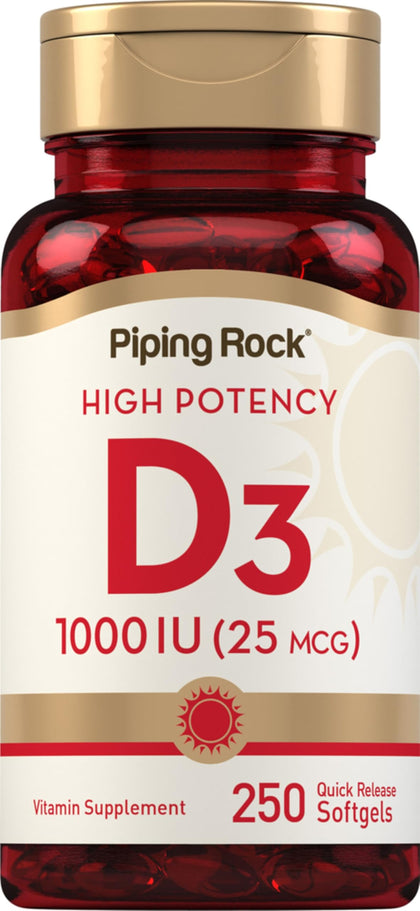 Piping Rock Vitamine D3 1000 IU gélules molles vue de face