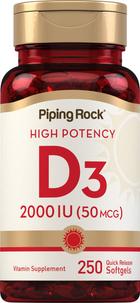 Piping Rock Vitamine D3 2000 UI 250 gélules molles vue de face