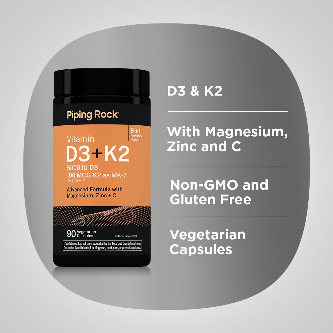 Piping Rock Vitamine D3 K2 5000 IU 90 capsules - capsules à l'intérieur
