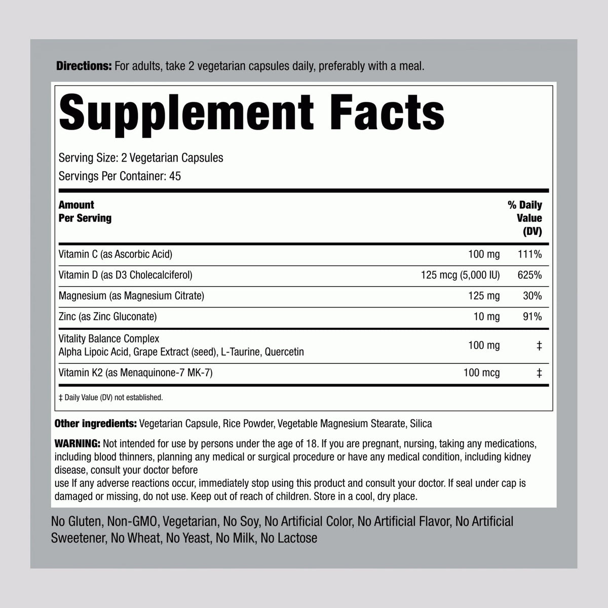 Piping Rock Vitamine D3 K2 5000 IU 90 capsules - étiquette