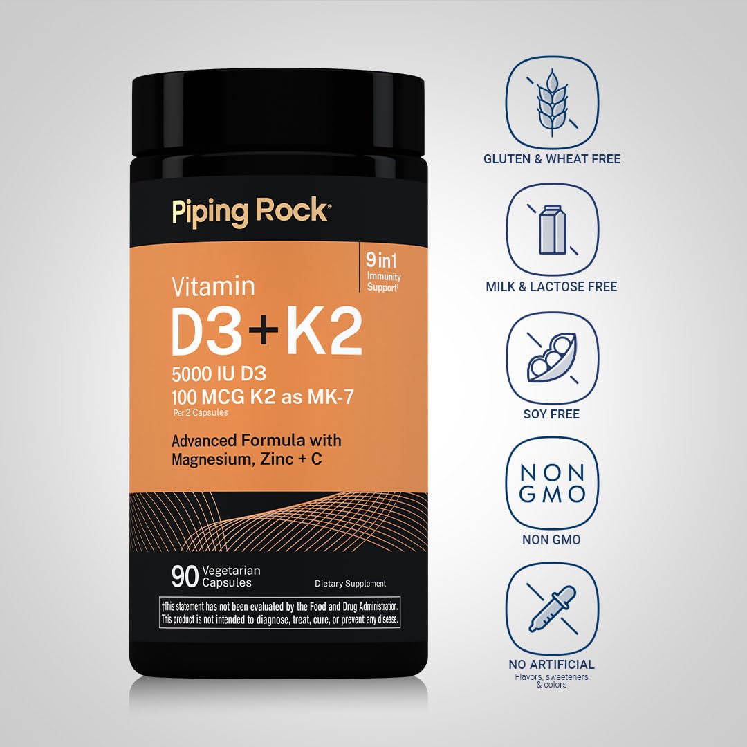 Piping Rock Vitamine D3 K2 5000 IU 90 capsules - vue de côté