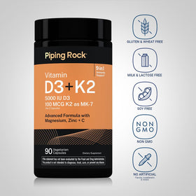 Piping Rock Vitamine D3 K2 5000 IU 90 capsules - vue de côté