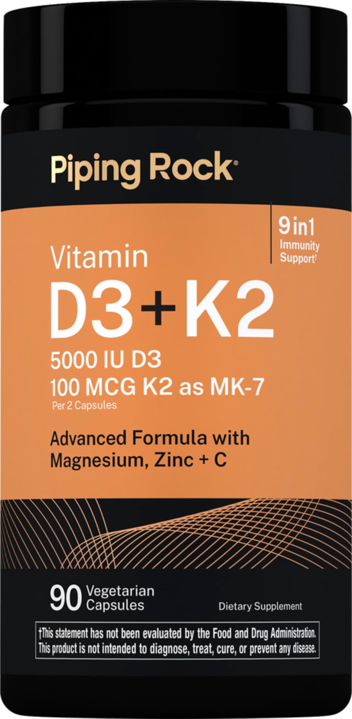 Piping Rock Vitamine D3 K2 5000 IU 90 capsules - vue de face