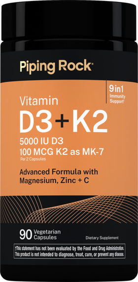 Piping Rock Vitamine D3 K2 5000 IU 90 capsules - vue de face