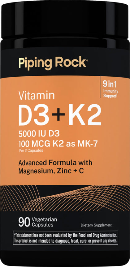 Piping Rock Vitamine D3 K2 5000 IU 90 capsules - vue de face