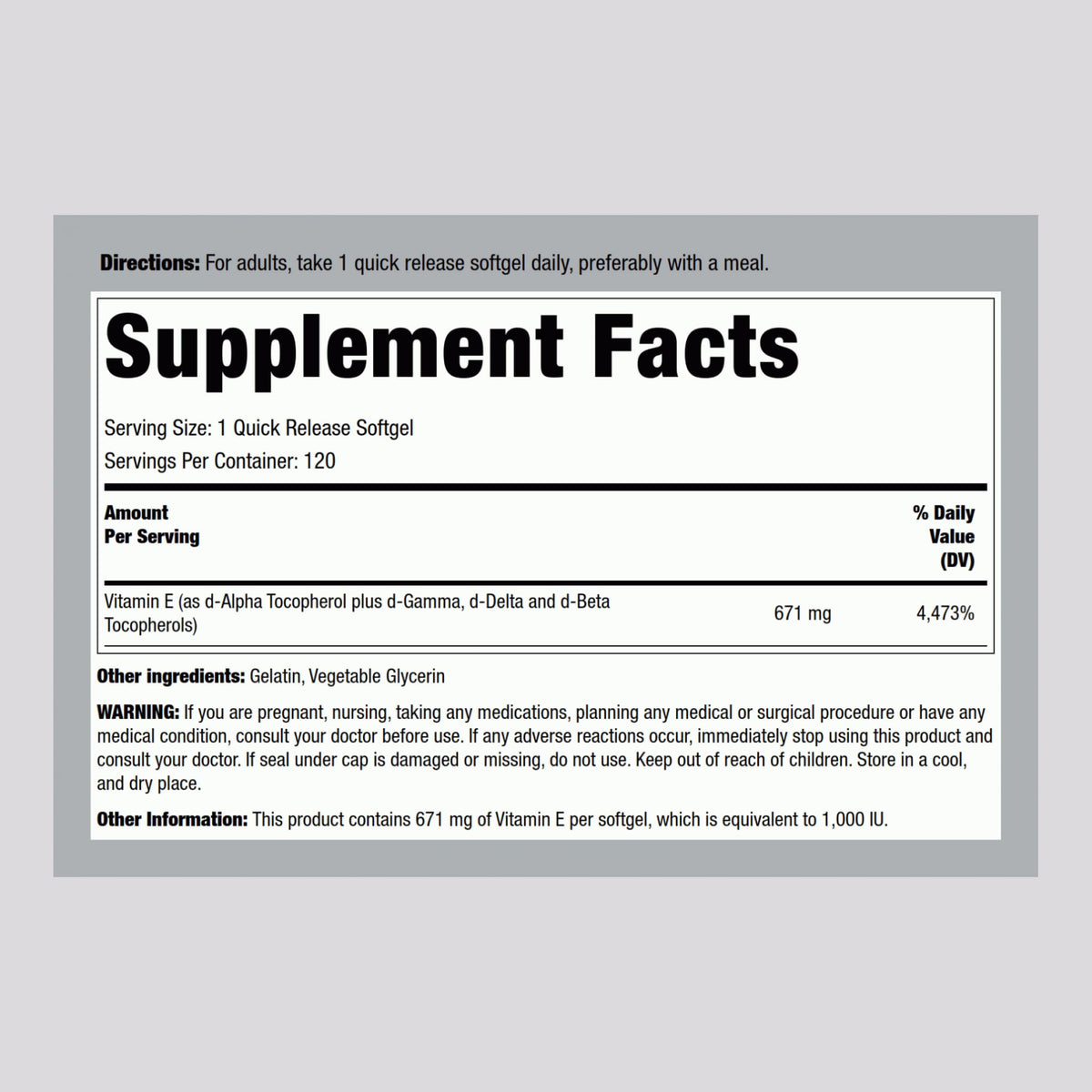 Piping Rock Vitamine E 1000 UI gélules softgel vue arrière