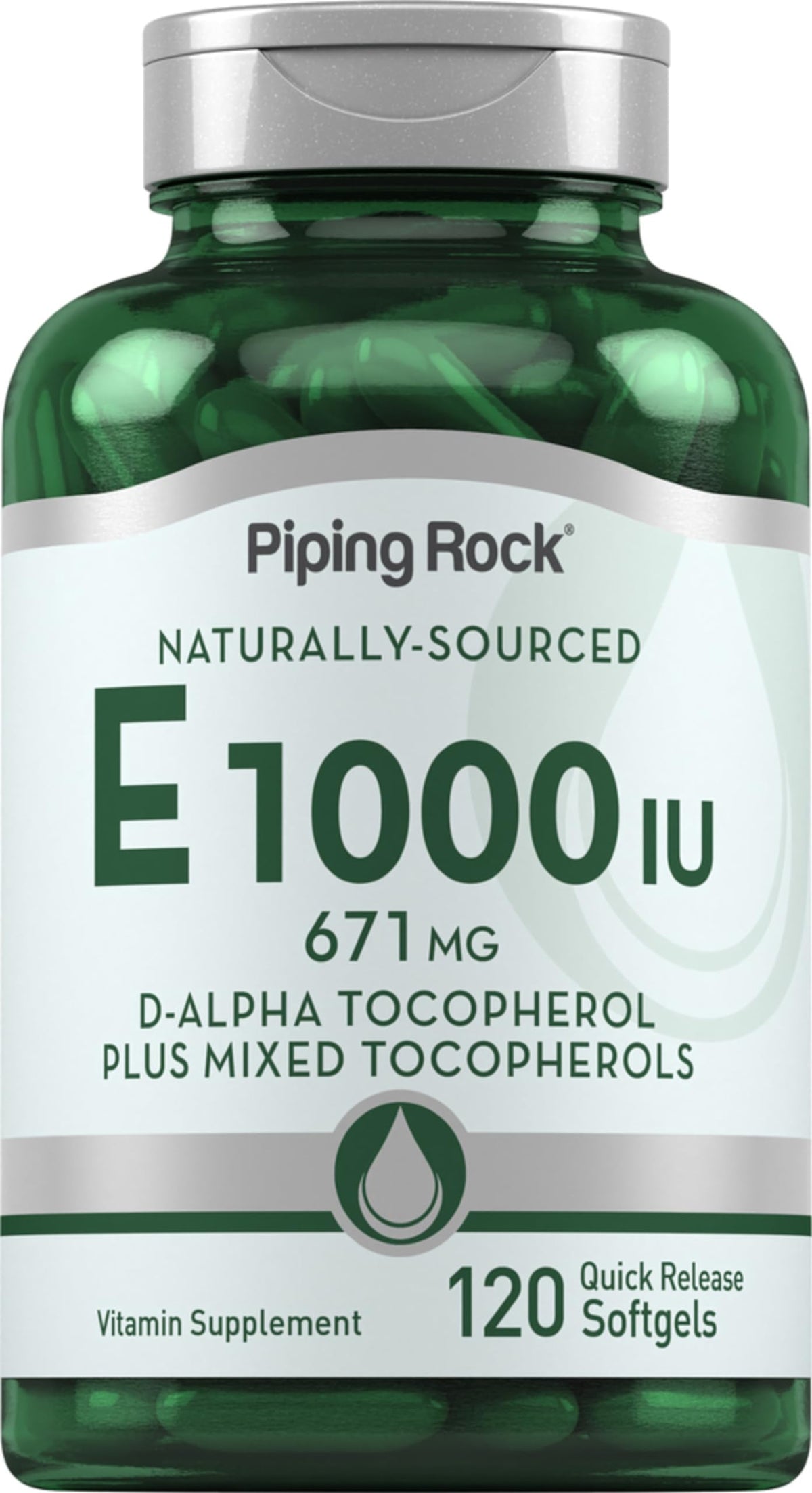 Piping Rock Vitamine E 1000 UI gélules softgel vue de face