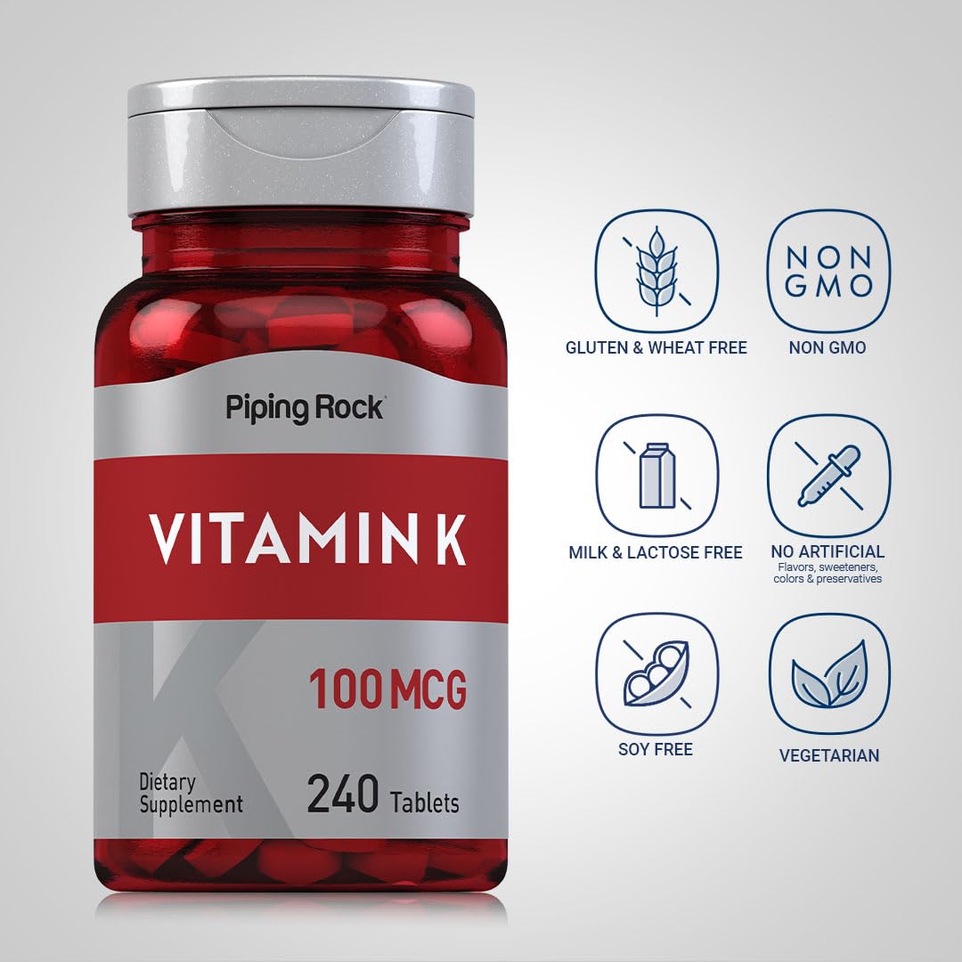 Piping Rock Vitamine K1 100 mcg 240 comprimés contre un fond neutre