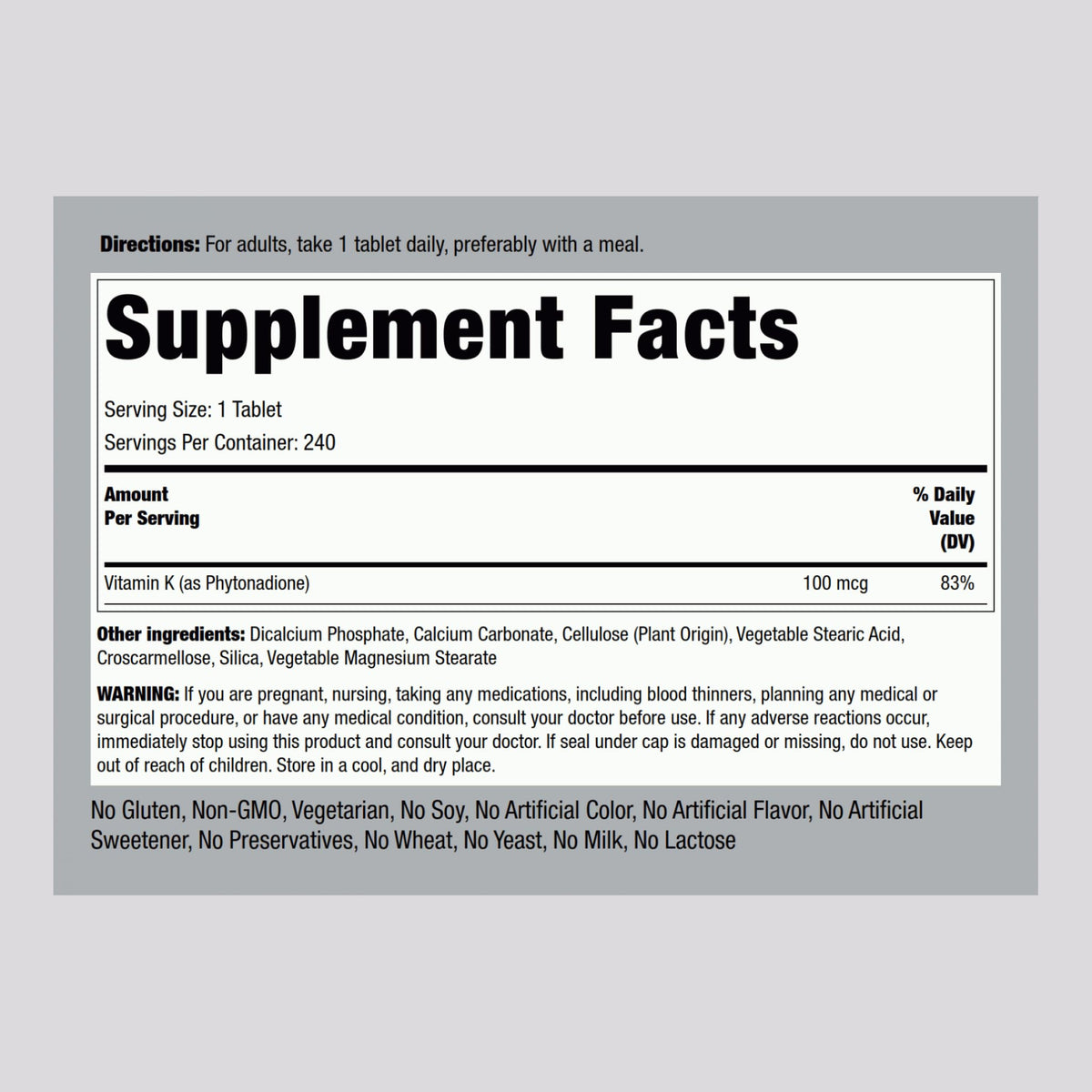 Piping Rock Vitamine K1 100 mcg 240 comprimés étiquette