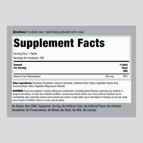 Piping Rock Vitamine K1 100 mcg 240 comprimés étiquette