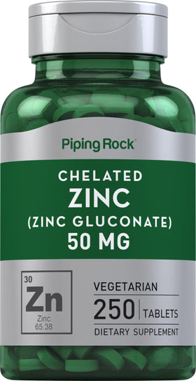Piping Rock Zinc 50mg 250 comprimés végétariens chélatés vue de face
