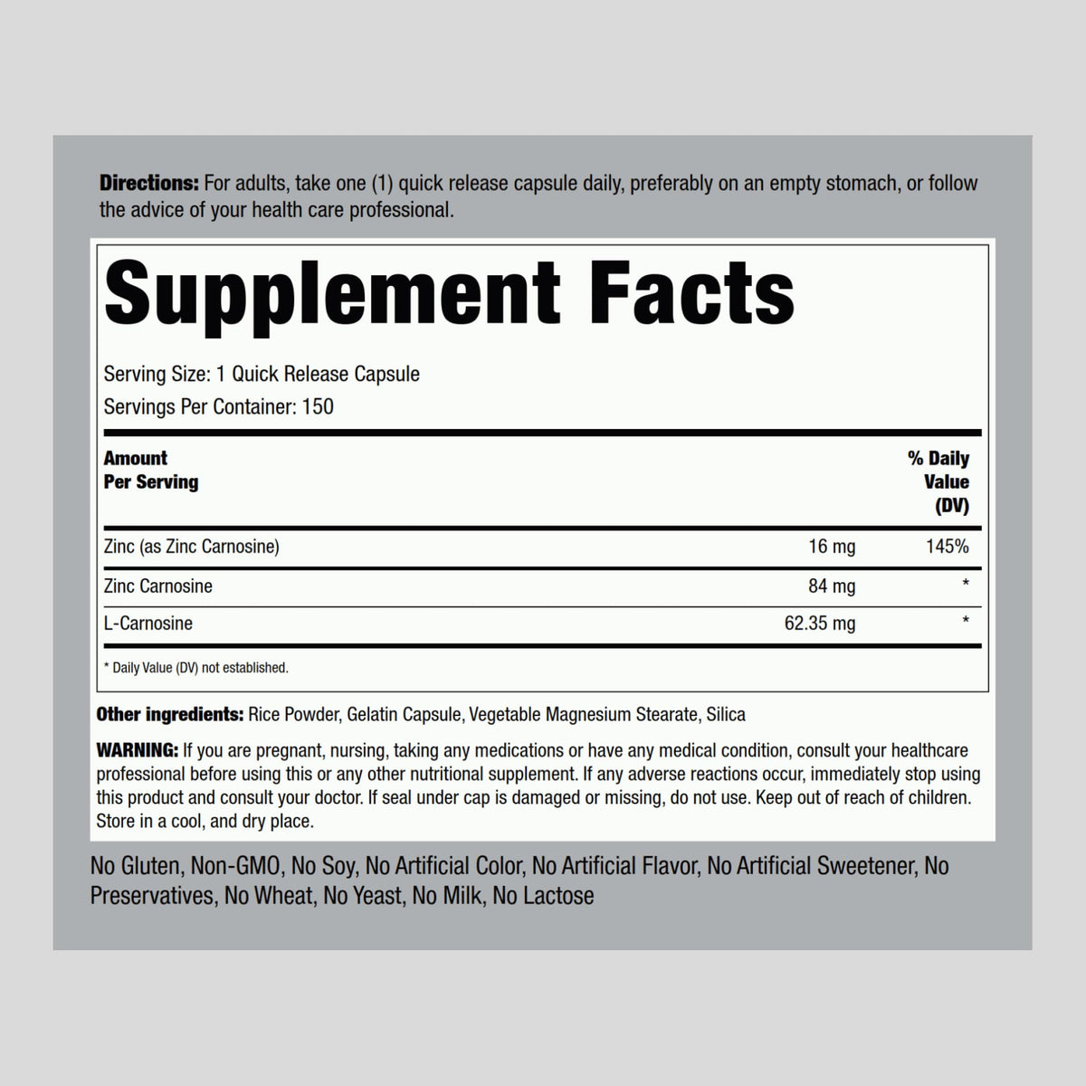 Piping Rock Zinc Carnosine 150 capsules avec étiquette
