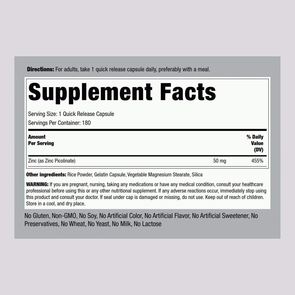 Piping Rock Zinc Picolinate 50 mg 180 capsules détail de l'emballage