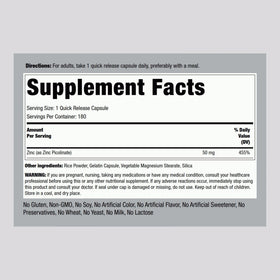 Piping Rock Zinc Picolinate 50 mg 180 capsules détail de l'emballage