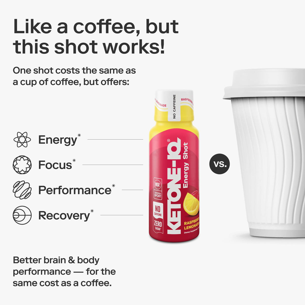 Plan rapproché du shot Ketone-IQ sans caféine, mettant en avant la texture