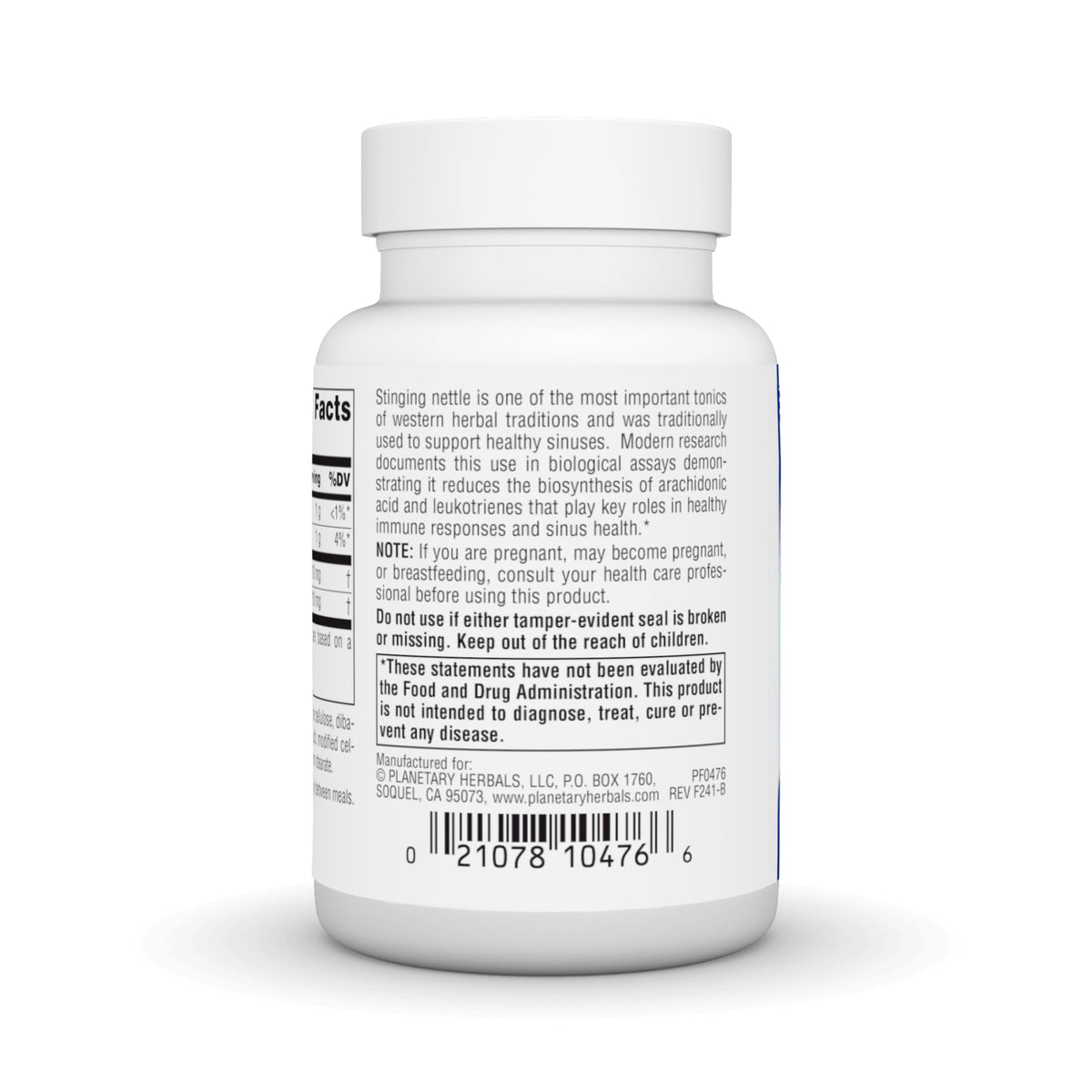 Planetary Herbals Complément Alimentaire Ortie 420 mg - Vue latérale du flacon