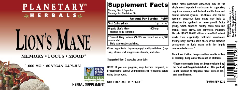 Planetary Herbals Lion's Mane boîte ouverte avec capsules