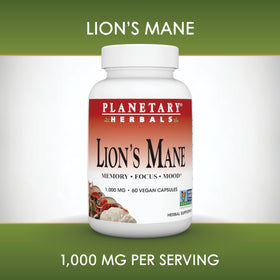 Planetary Herbals Lion's Mane capsules avec verre d'eau