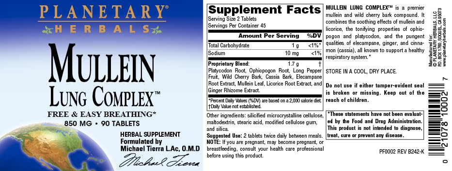 Planetary Herbals Mullein Lung Complex comprimés sur une table