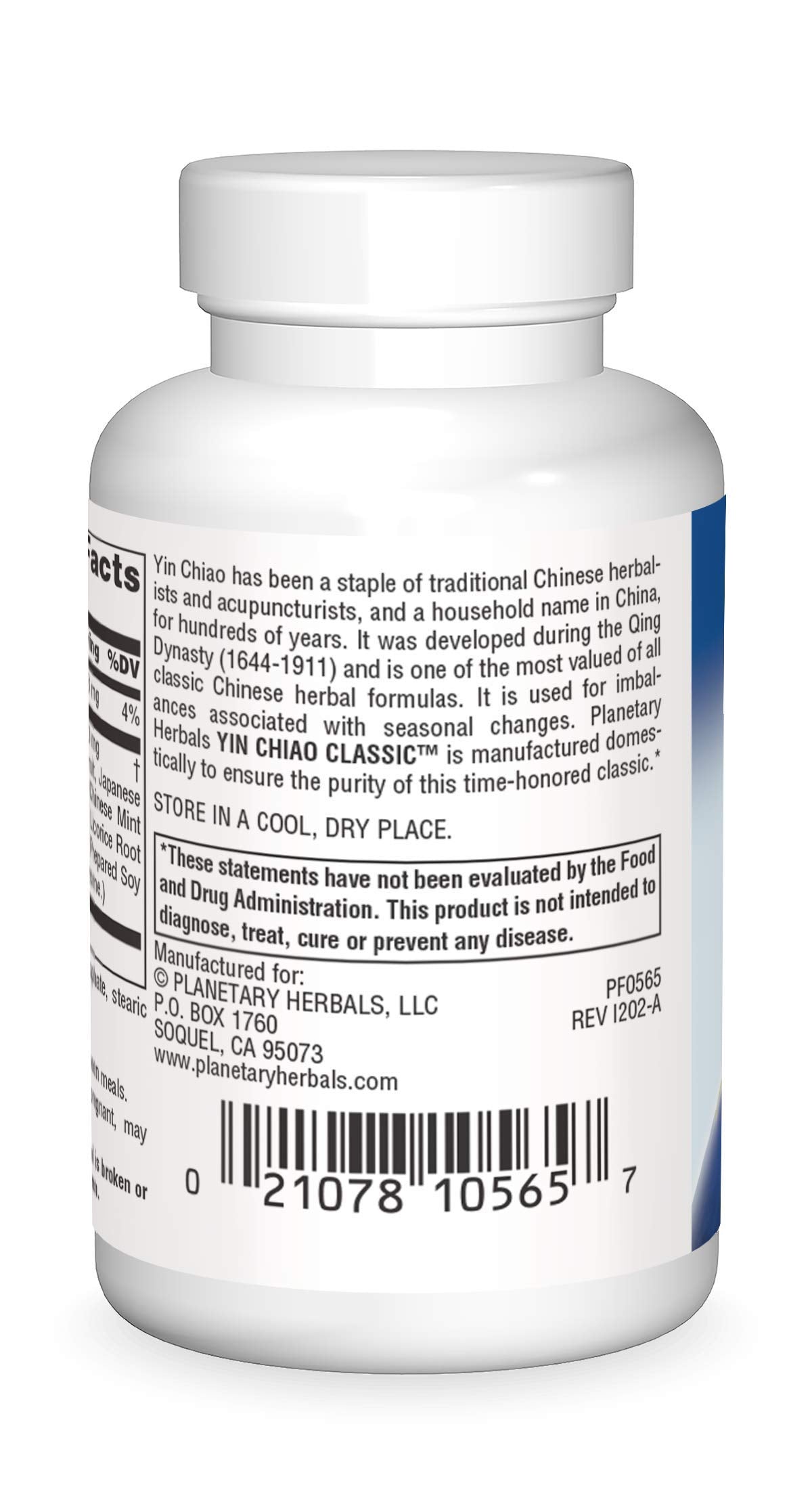 Planetary Herbals Yin Chiao Classic comprimés 450 mg, arrière de l'emballage