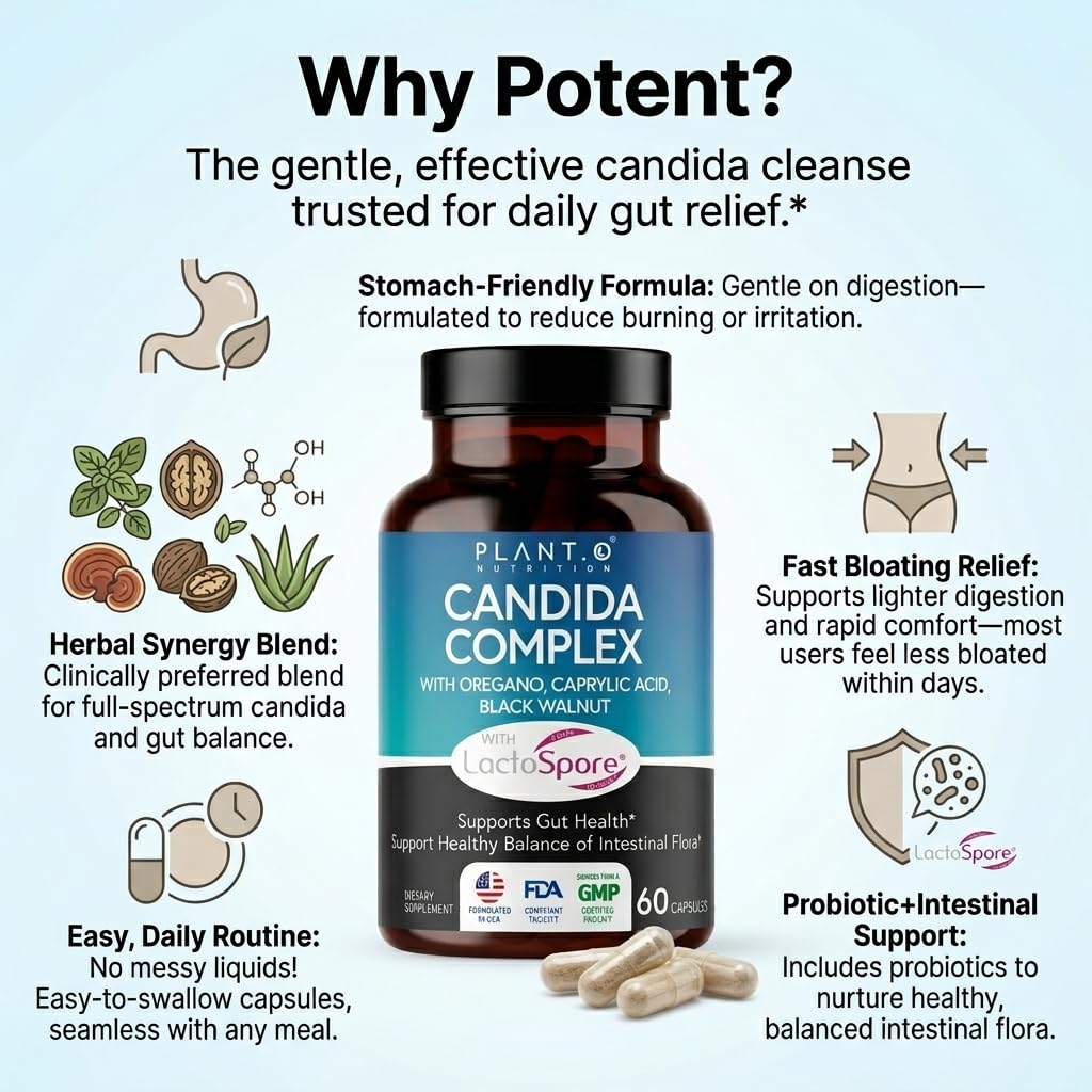 PLANT.O NUTRITION Complément Alimentaire Candida capsules dans un verre d'eau