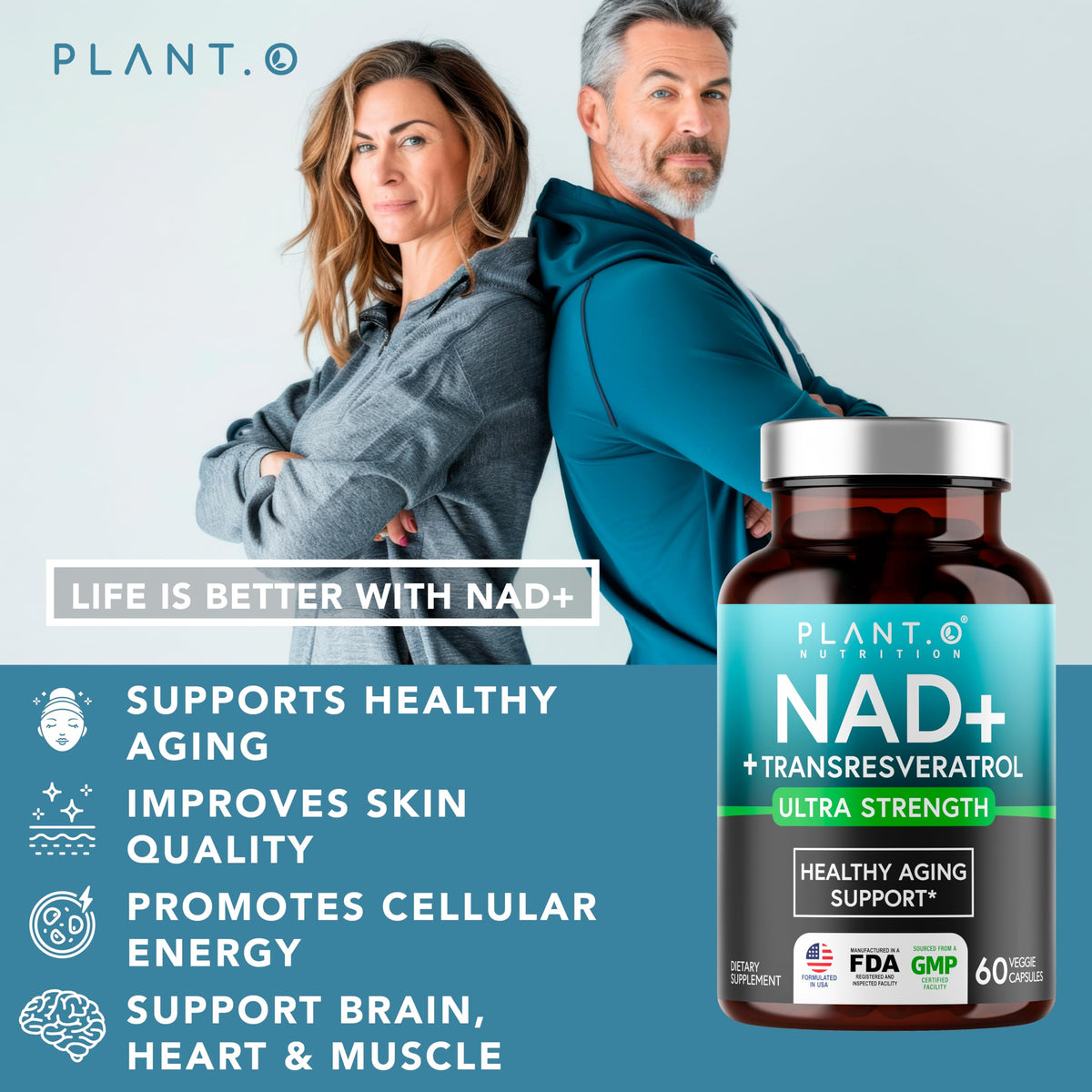 PLANT.O NUTRITION Complément NAD+ 500mg avec Resvératrol étiquette