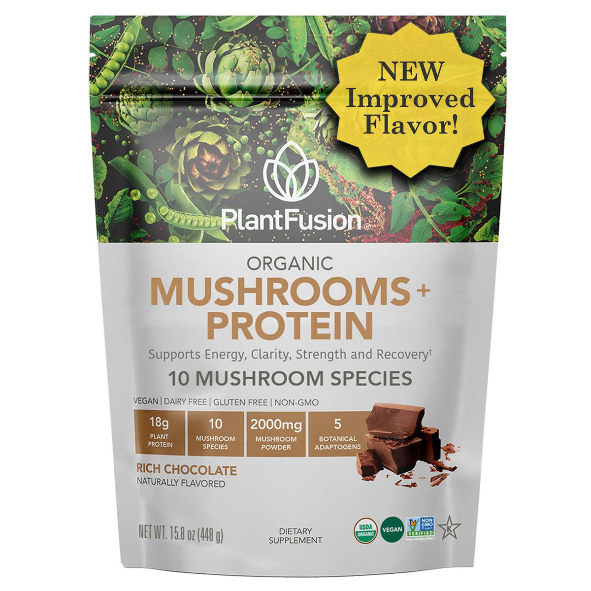 PlantFusion Poudre de Protéine de Champignon 3 en 1 Chocolat 481g vue de face
