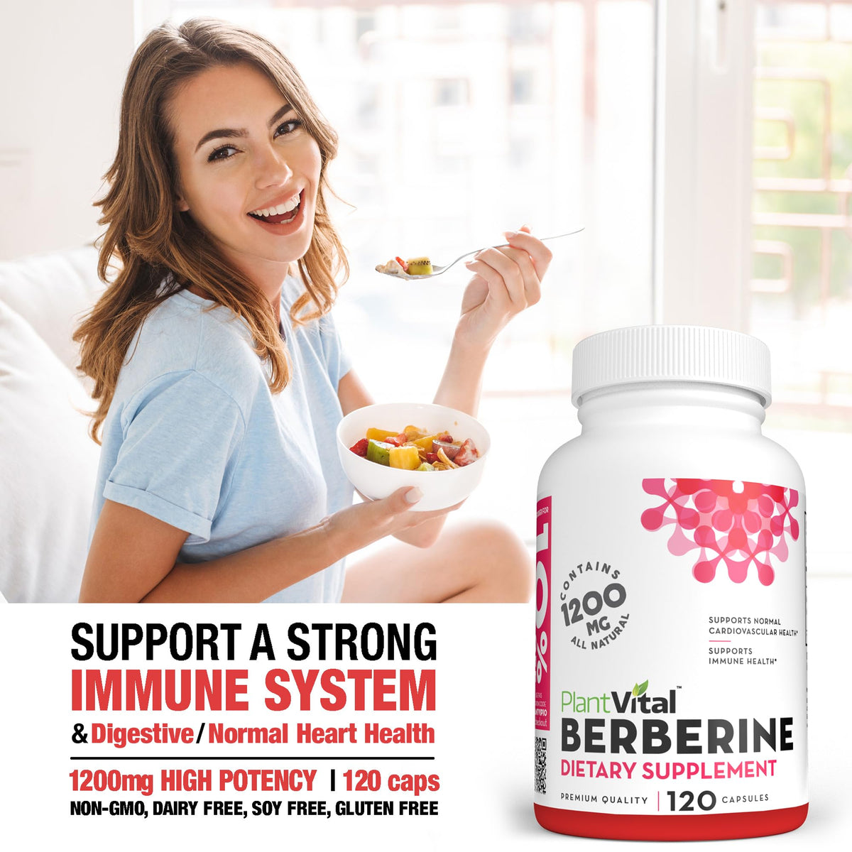Plantvital Berberine 1200mg capsules on a wooden table