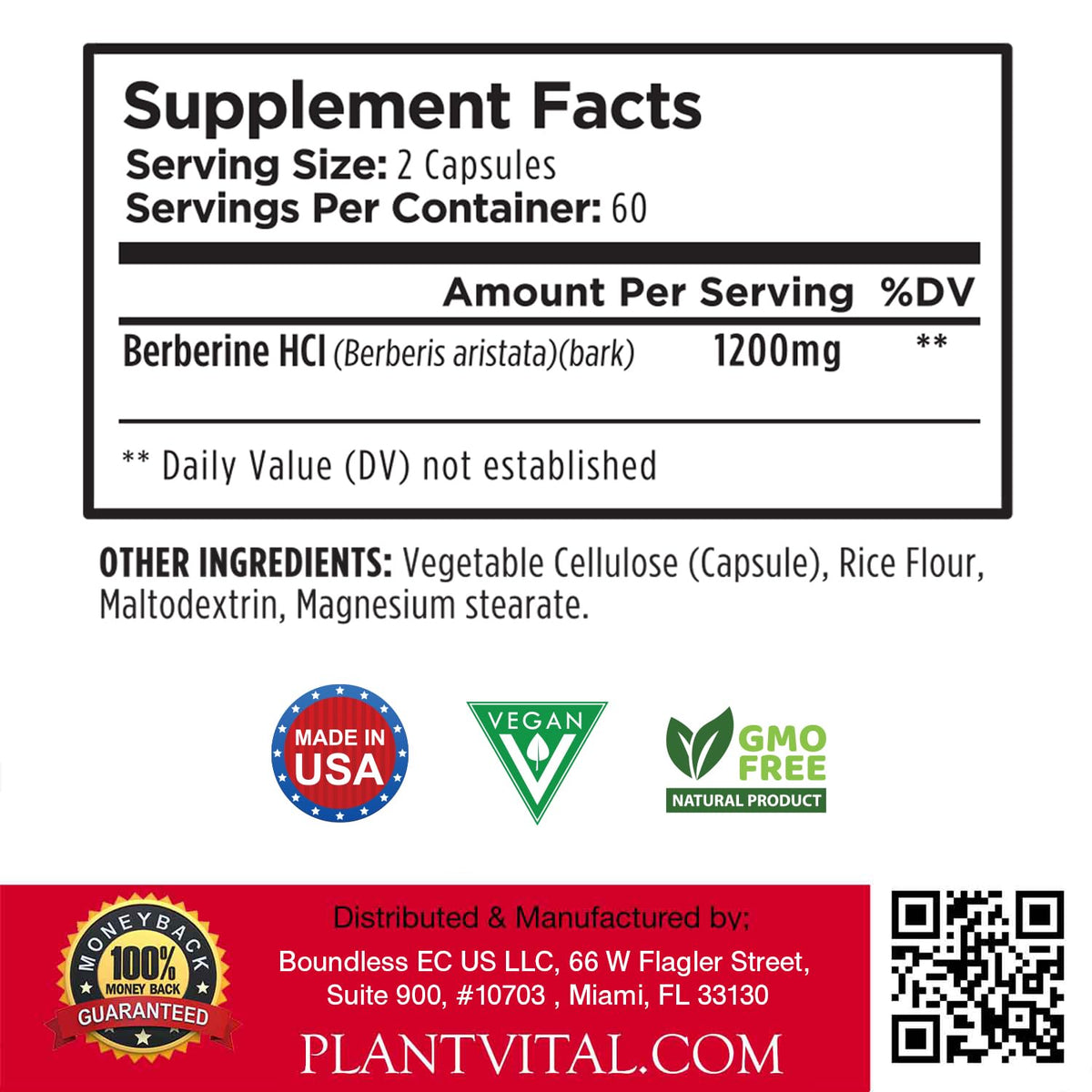 Plantvital Berberine 1200mg capsules with ingredients list
