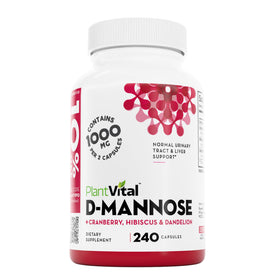 Plantvital D-Mannose 1000mg capsules avec extrait de canneberge, vue de devant