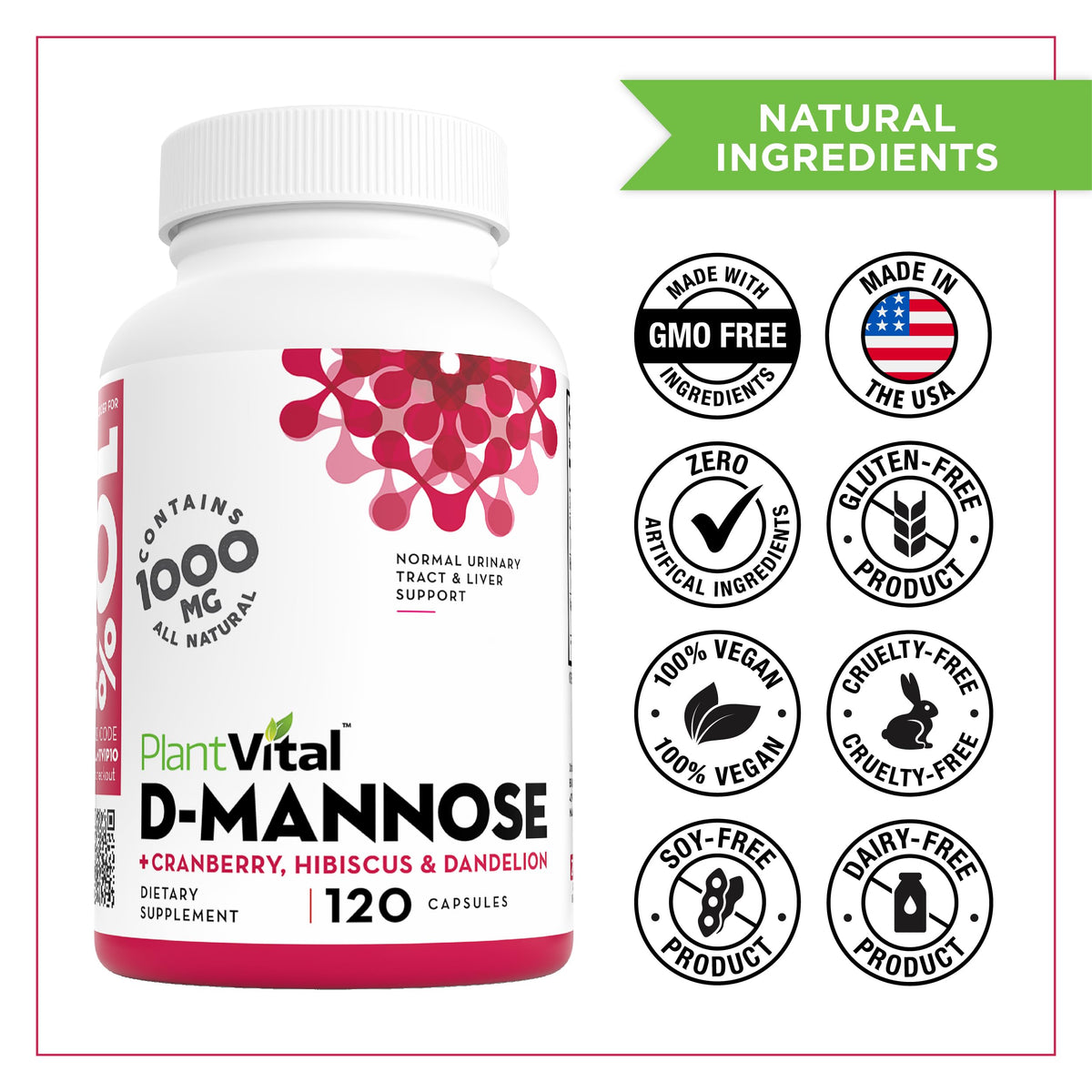 Plantvital D-Mannose Capsules sur une table en bois