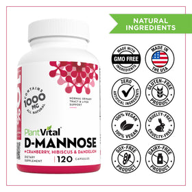 Plantvital D-Mannose Capsules sur une table en bois
