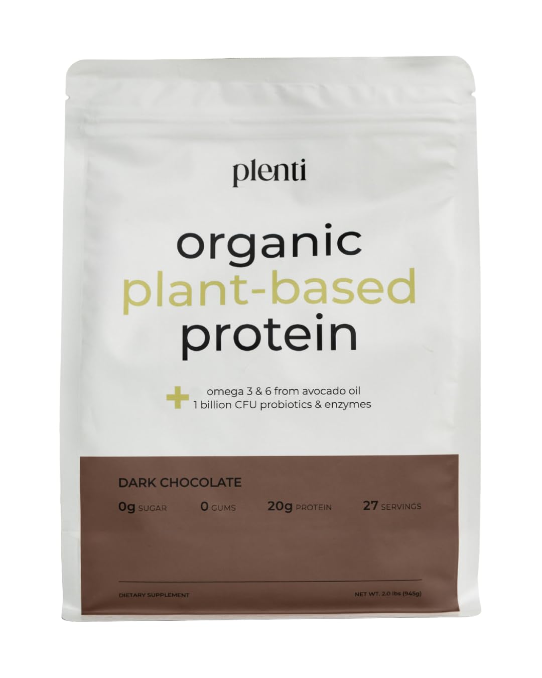 plenti Poudre de Protéine Végétale Bio Chocolat Noir 2 lbs vue de face
