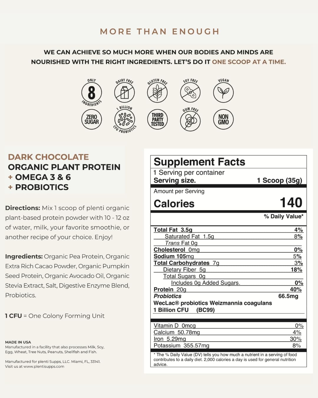 plenti Poudre de Protéine Végétale Bio Chocolat Noir en poudre dans un bol