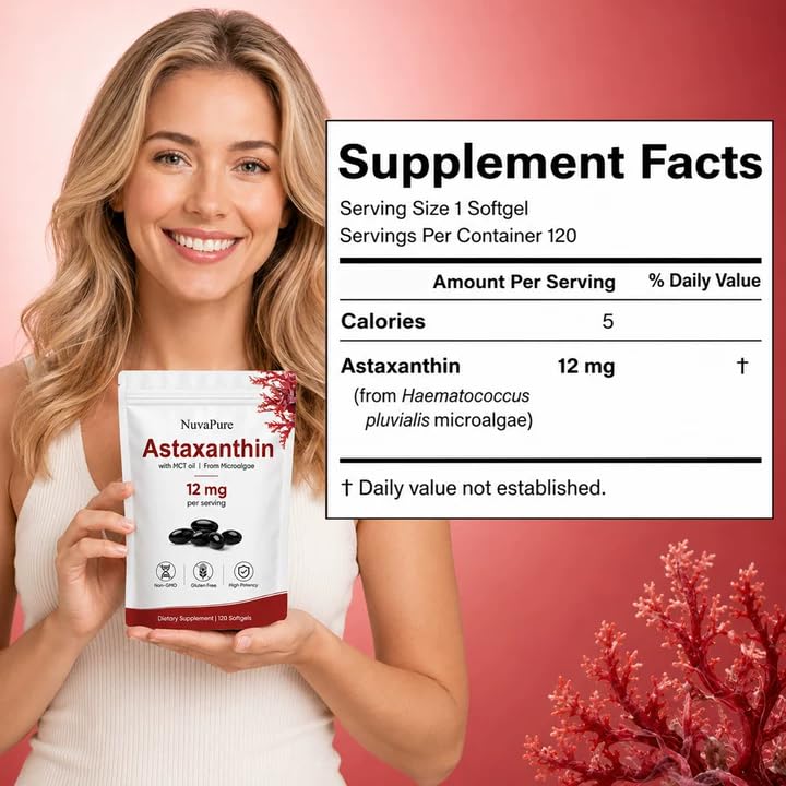 PlocoXe Astaxanthin 12mg gélules souples avec ingrédients sur une table