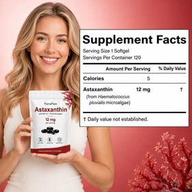 PlocoXe Astaxanthin 12mg gélules souples avec ingrédients sur une table