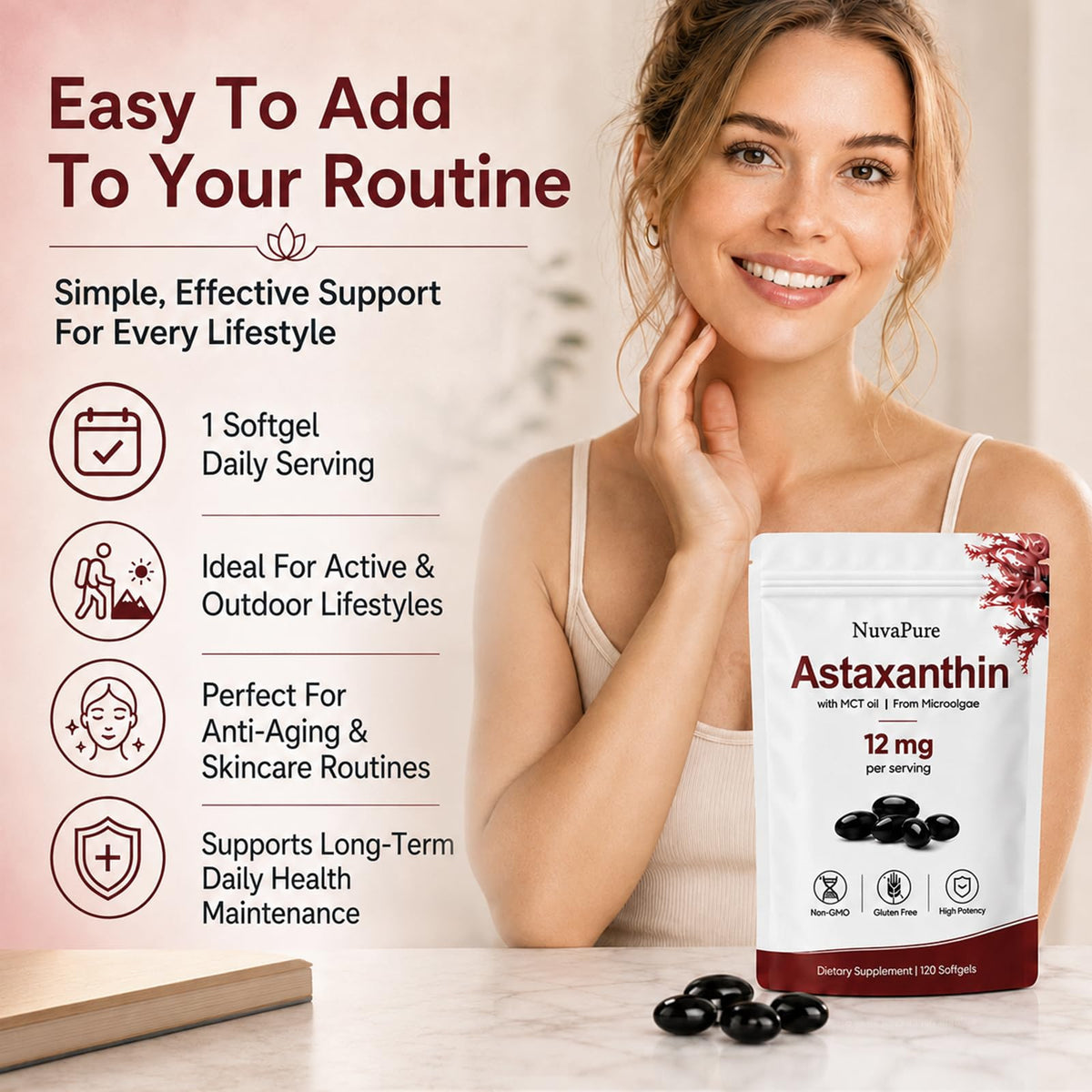 PlocoXe Astaxanthin 12mg gélules souples dans un environnement de vie sain