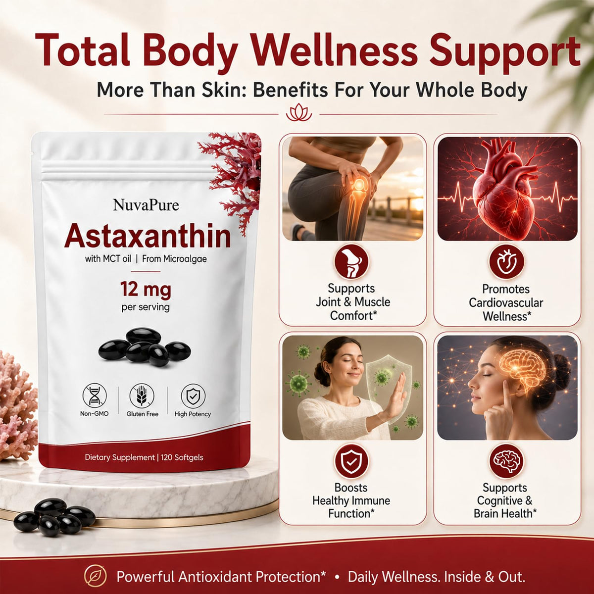 PlocoXe Astaxanthin 12mg gélules souples sur une surface en bois