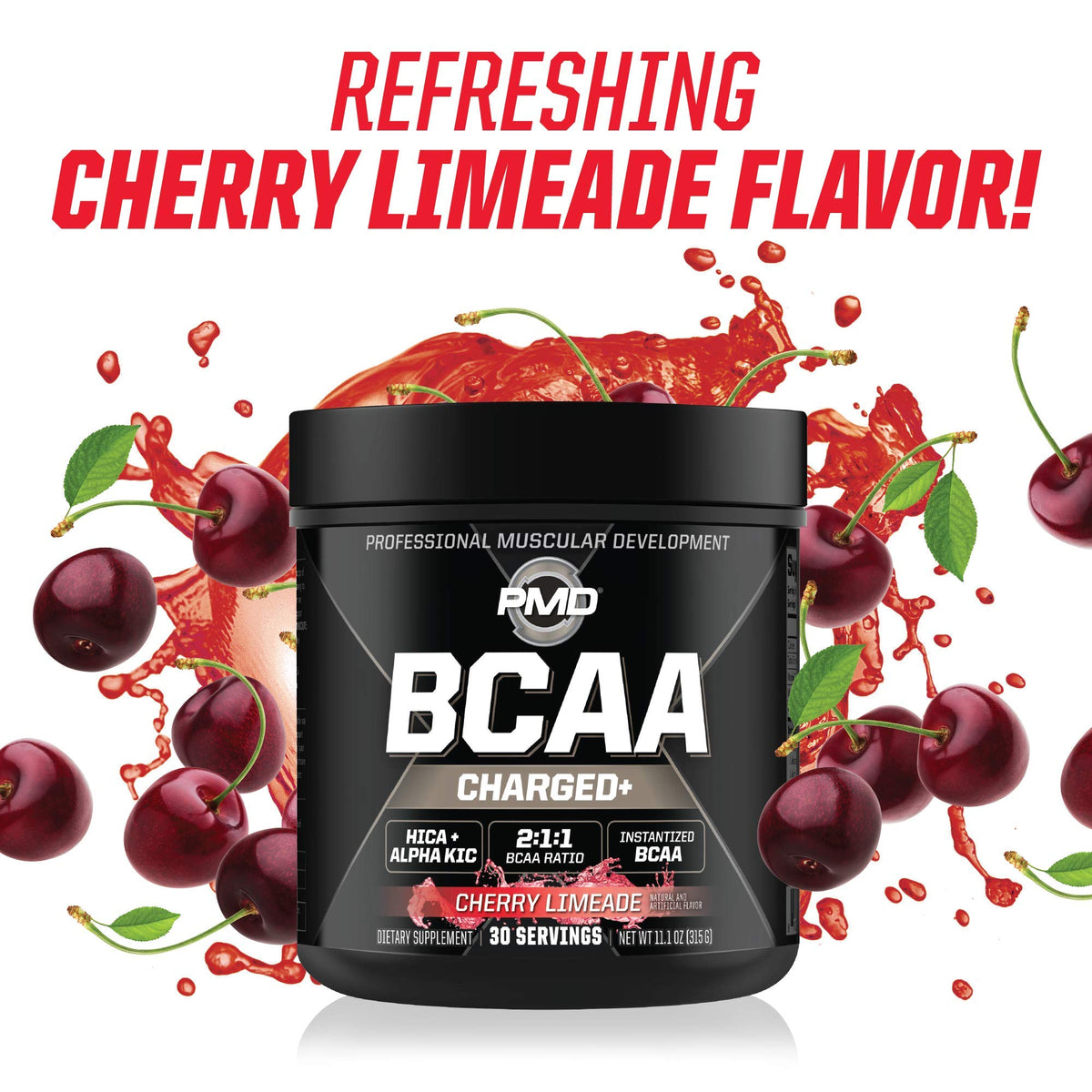 PMD BCAA Charged mélange à boire Cerise Limeade en arrière-plan d'un gymnase